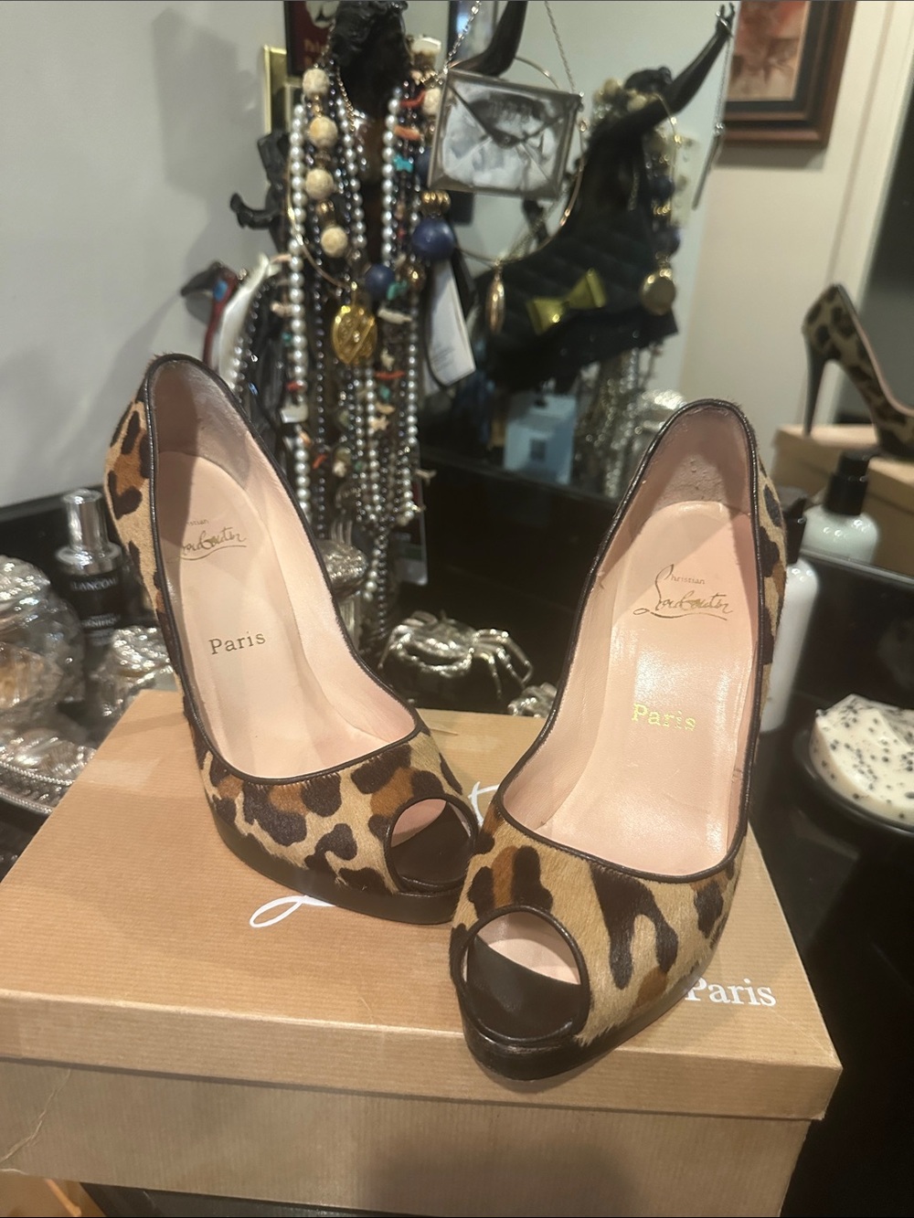 Christian Louboutin Yoyo Zeppa Leopard peep toe animal hair pumps. Size 37.5